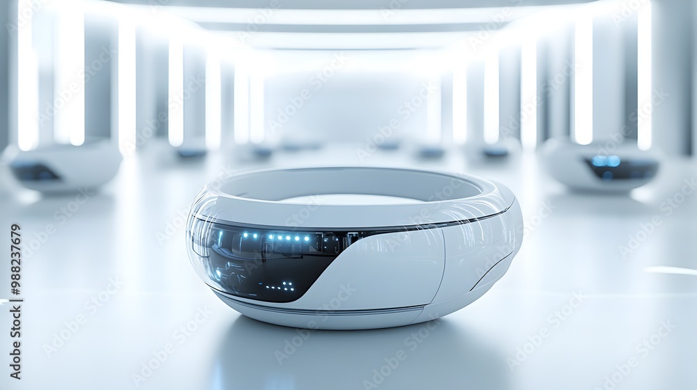A tech expo scene where AR headsets are displayed in a circular arrangement, with transparent holographic displays projecting their capabilities, all under bright, sleek white lighting A tech expo scene where AR headsets are displayed in a circular arrangement, with transparent holographic displays projecting their capabilities, all under bright, sleek white lighting