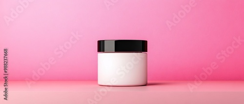 A sleek, white cosmetic jar with a black lid on a vibrant pink background, perfect for skin care, beauty, or wellness branding.
