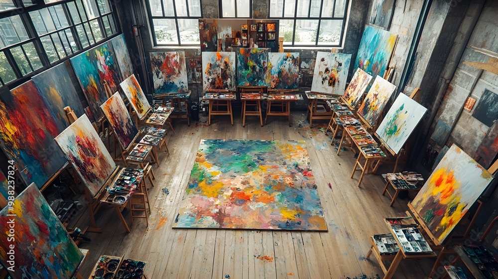 A top-down view of an art studio with easels forming a perfect circle, each workspace filled with paintbrushes and palettes, with vivid splashes of paint on the wooden floor A top-down view of an art studio with easels forming a perfect circle, each workspace filled with paintbrushes and palettes, with vivid splashes of paint on the wooden floor