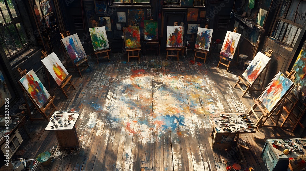 A top-down view of an art studio with easels forming a perfect circle, each workspace filled with paintbrushes and palettes, with vivid splashes of paint on the wooden floor A top-down view of an art studio with easels forming a perfect circle, each workspace filled with paintbrushes and palettes, with vivid splashes of paint on the wooden floor