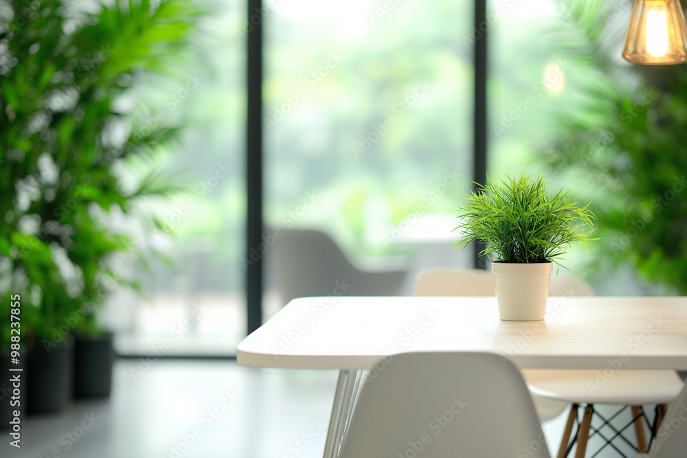This image shows a white table with a small potted plant, and green plants in the background This image shows a white table with a small potted plant, and green plants in the background