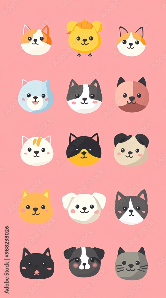 A collection of 16 cute cartoon animal faces, featuring dogs and cats in various colors, with pink background. A collection of 16 cute cartoon animal faces, featuring dogs and cats in various colors, with pink background.