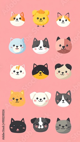 A collection of 16 cute cartoon animal faces, featuring dogs and cats in various colors, with pink background.