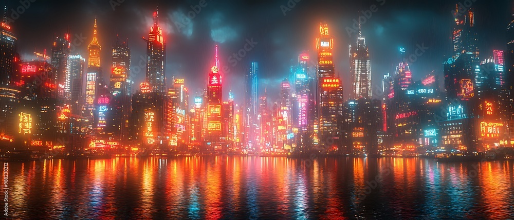 Cityscape with colorful lights reflected on water. Cityscape with colorful lights reflected on water.