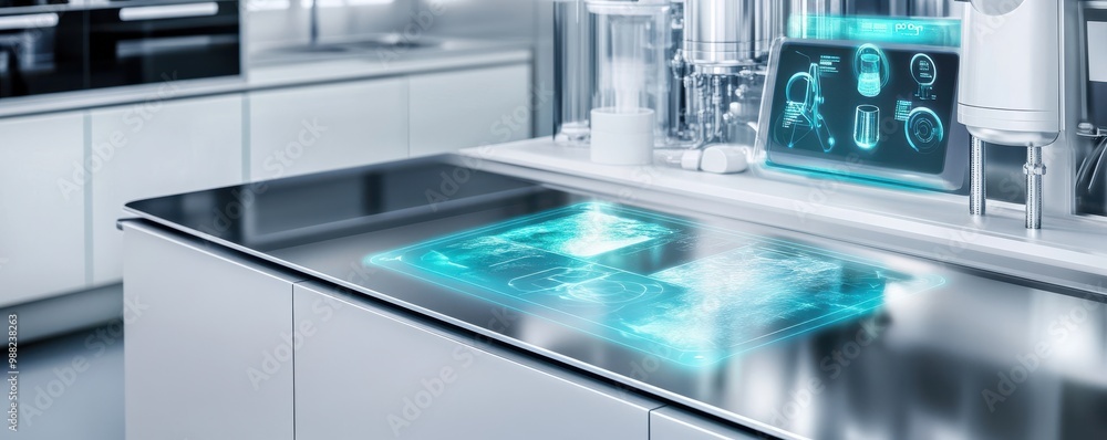 Modern kitchen with a sleek, high-tech countertop featuring holographic display and advanced appliances for cooking. Modern kitchen with a sleek, high-tech countertop featuring holographic display and advanced appliances for cooking.