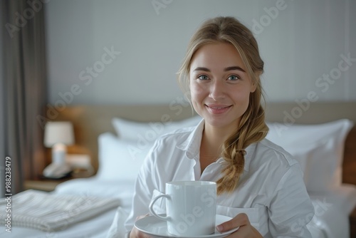 Young Woman in a White Shirt Savoring a Moment of Relaxation with a Cup of Coffee in Bed