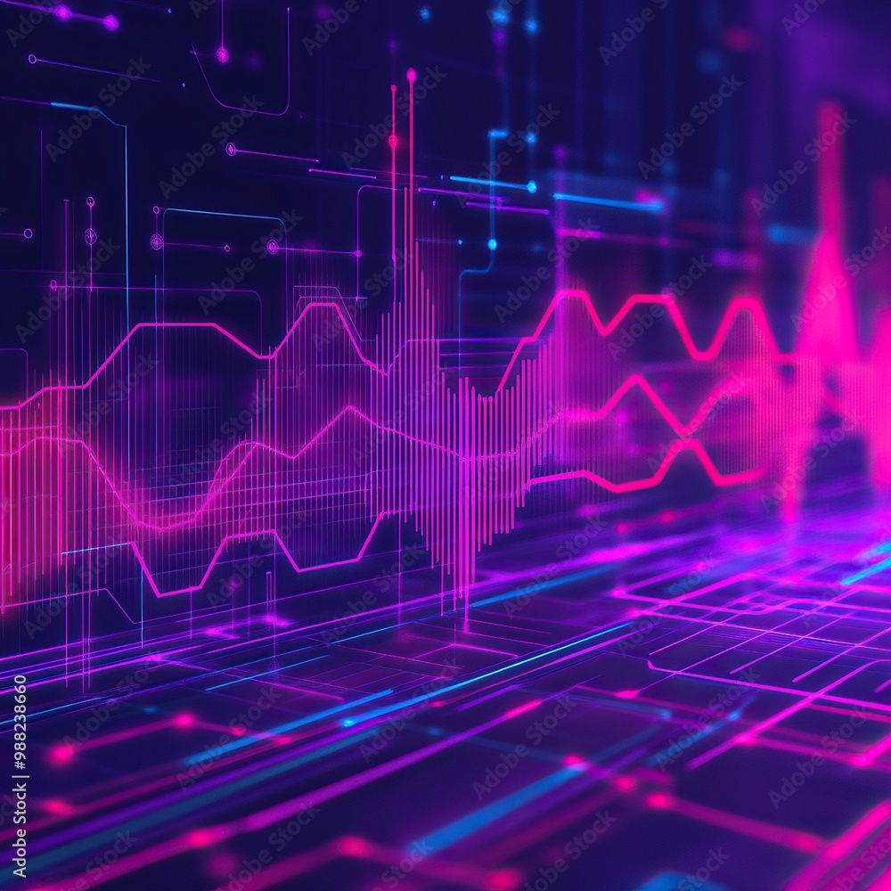 Naklejka premium Abstract digital soundwave illustration with vibrant pink and blue lines on a dark background, depicting modern audio technology concepts.