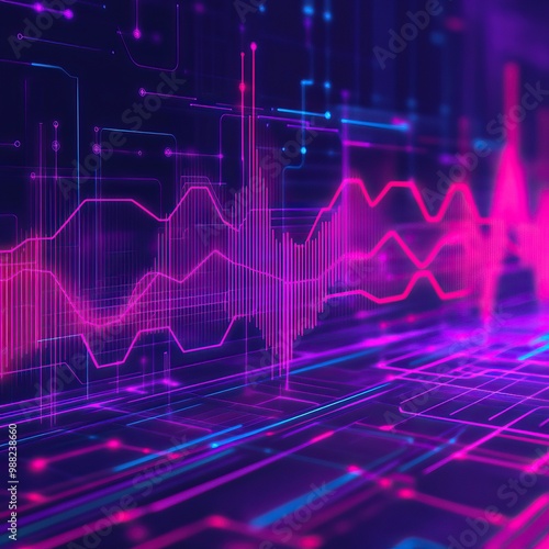 Abstract digital soundwave illustration with vibrant pink and blue lines on a dark background, depicting modern audio technology concepts. photo