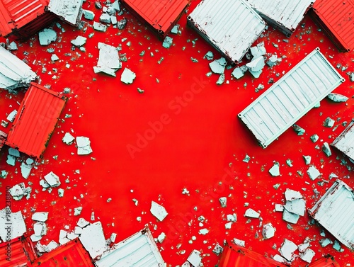 Aerial view of red painted ground surrounded by scattered shipping containers, emphasizing the industrial environment and organized chaos. photo