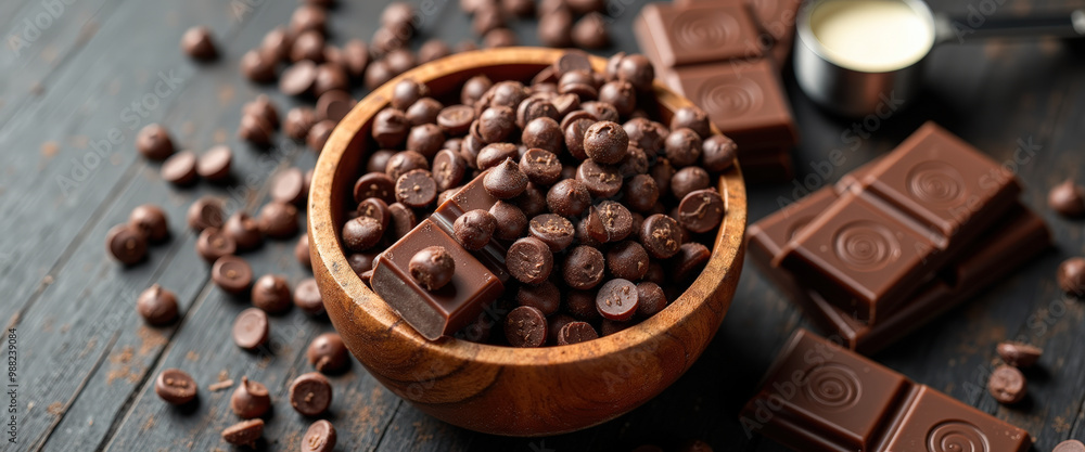 Close-up of Chocolate Chips and Bars on Wooden Background Close-up of Chocolate Chips and Bars on Wooden Background