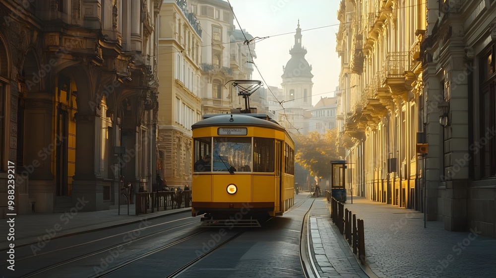 Fototapeta premium Yellow tram in city street at sunset