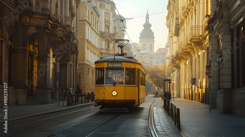 Yellow tram in city street at sunset photo