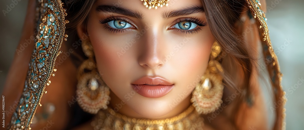 Close-up portrait of a beautiful woman wearing traditional Indian jewelry and a veil. Close-up portrait of a beautiful woman wearing traditional Indian jewelry and a veil.
