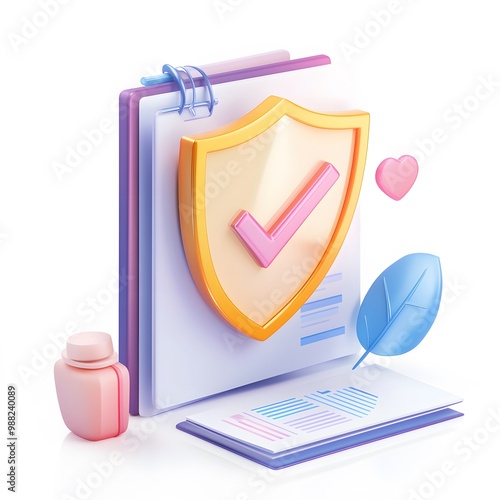 Document with shield and check mark. Health insurance, document security , data protection, finance and medical service concept. 3d vector icon. Cartoon minimal style. White background