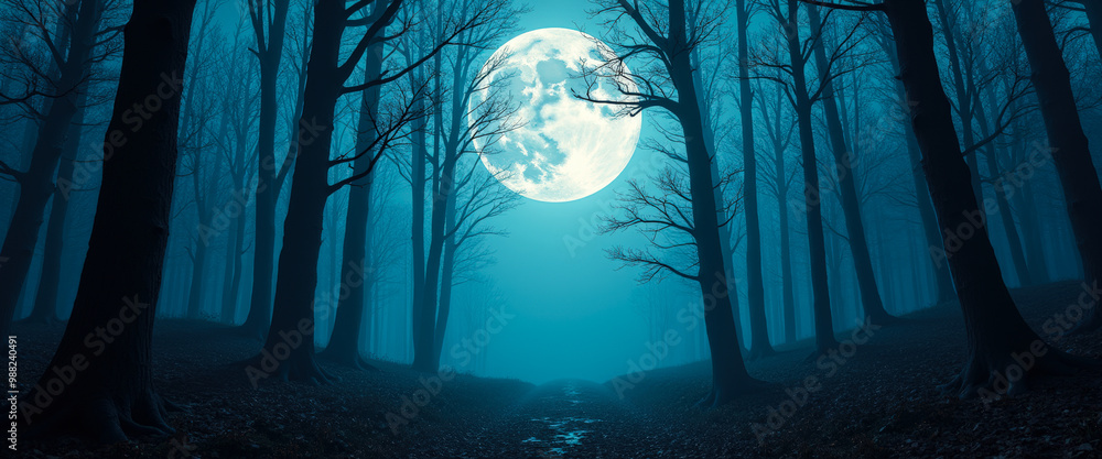 Obraz premium Moonlight Path Through a Foggy Forest