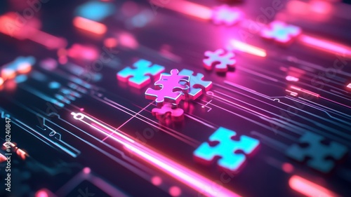 Vibrant digital puzzle pieces on a futuristic circuit board background, highlighting technology and innovation in design.