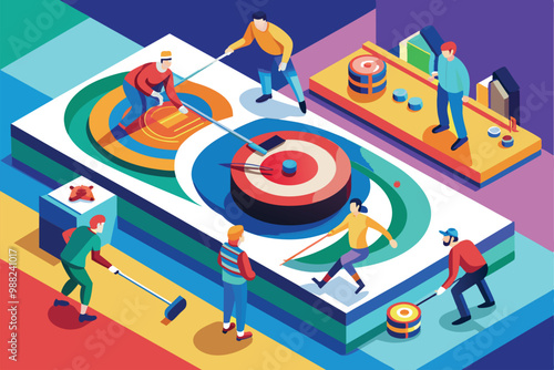 A vibrant curling match takes place indoors, showcasing players skillfully sliding stones toward the target while strategizing their next moves.