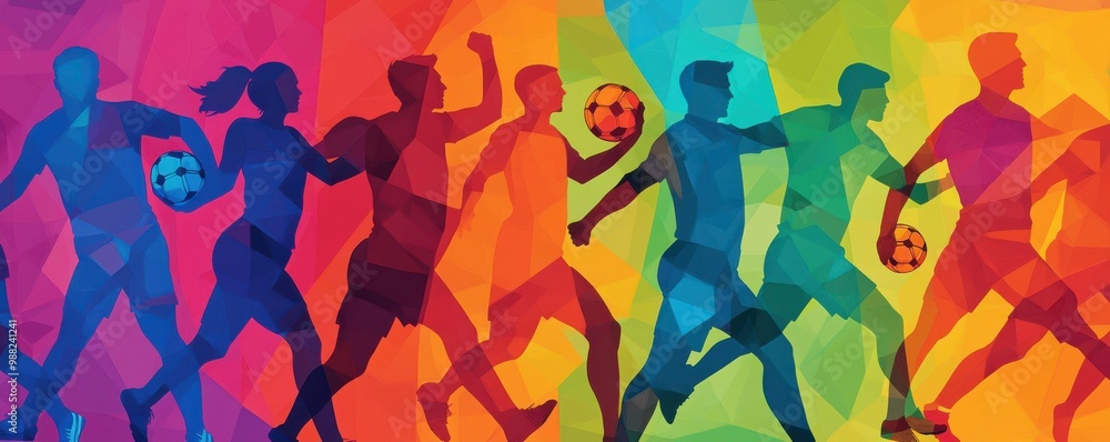 Vibrant silhouettes of athletes playing soccer, showcasing energy, diversity, and movement in bold colors and dynamic poses. Vibrant silhouettes of athletes playing soccer, showcasing energy, diversity, and movement in bold colors and dynamic poses.