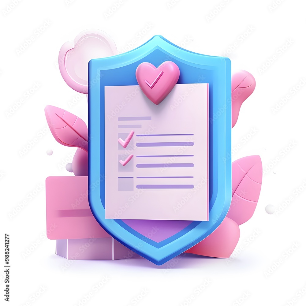 Document with shield and check mark. Health insurance, document security , data protection, finance and medical service concept. 3d vector icon. Cartoon minimal style. White background Document with shield and check mark. Health insurance, document security , data protection, finance and medical service concept. 3d vector icon. Cartoon minimal style. White background