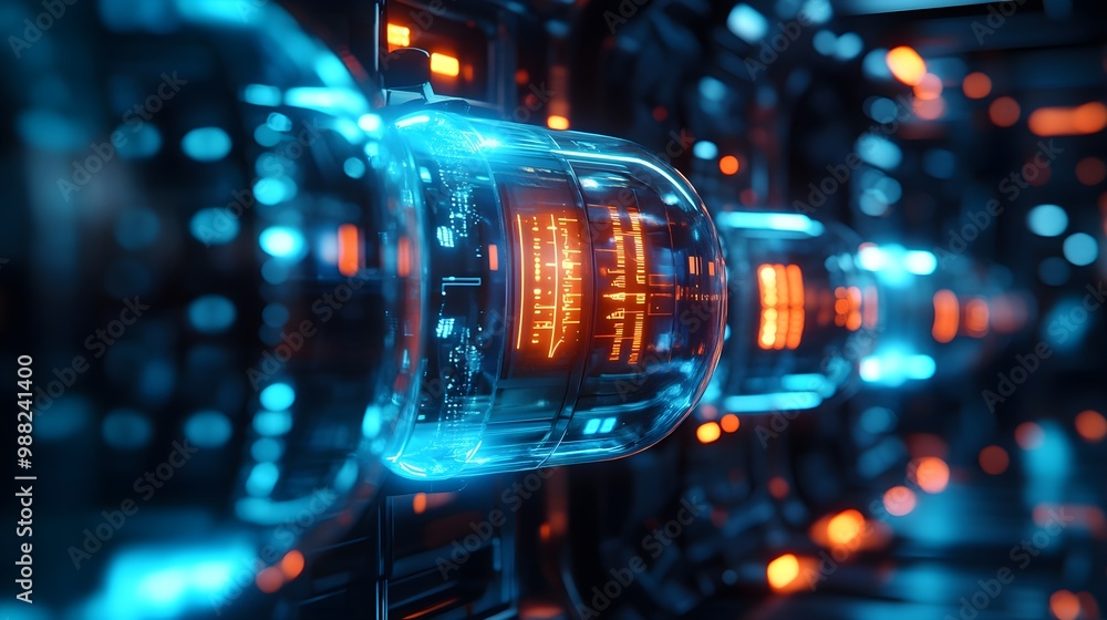 High-tech capsules with glowing blue and orange lights, surrounded by digital holograms, representing advanced AI-driven healthcare, sleek sci-fi aesthetics, cinematic lighting High-tech capsules with glowing blue and orange lights, surrounded by digital holograms, representing advanced AI-driven healthcare, sleek sci-fi aesthetics, cinematic lighting