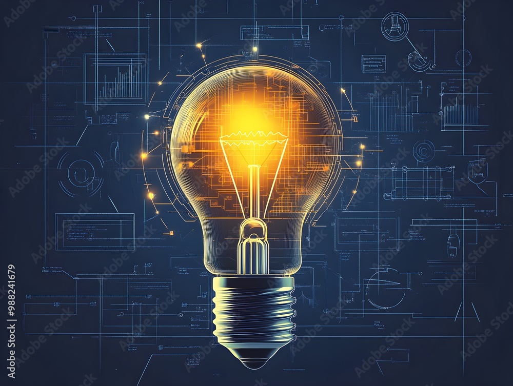 Hovering light bulb radiates over a technical blueprint, representing the birth of an idea, executed in a clean, modern flat design Hovering light bulb radiates over a technical blueprint, representing the birth of an idea, executed in a clean, modern flat design