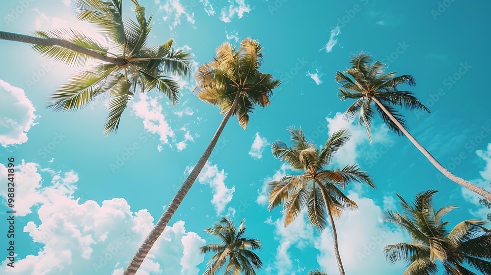 Vibrant image showcasing tall palm trees against a bright blue sky with fluffy clouds, radiating tropical serenity and inviting relaxation. Vibrant image showcasing tall palm trees against a bright blue sky with fluffy clouds, radiating tropical serenity and inviting relaxation.