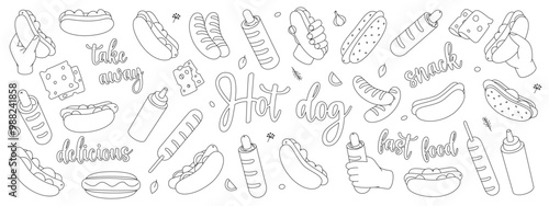 Hot dogs outline set. Takeaway snack. Long buns, sausage, vegetables, sauces. American street fast food. Vector illustration.
