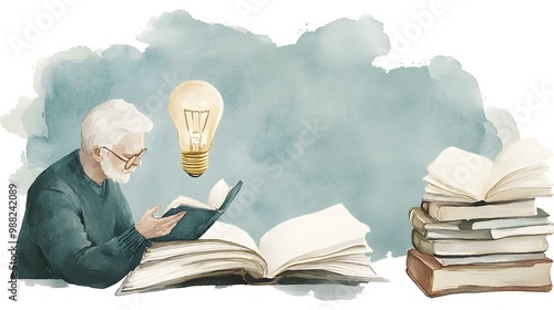 A glowing light bulb casts a soft, golden glow over open books and scattered papers in a peaceful study, symbolizing learning and wisdom in watercolor style photo