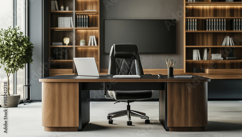 Wallpaper Mural A modern office with a desk, chair, TV, and bookshelves Torontodigital.ca