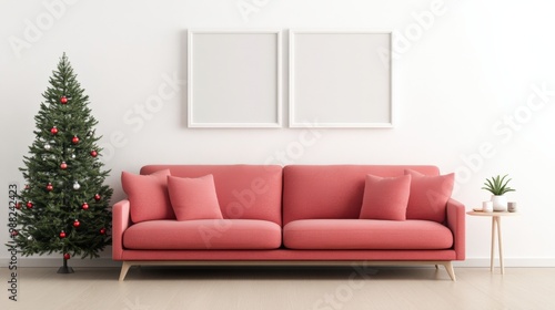 A cozy living room featuring a pink sofa, decorated Christmas tree, and empty frames on a light wall, perfect for festive themes.