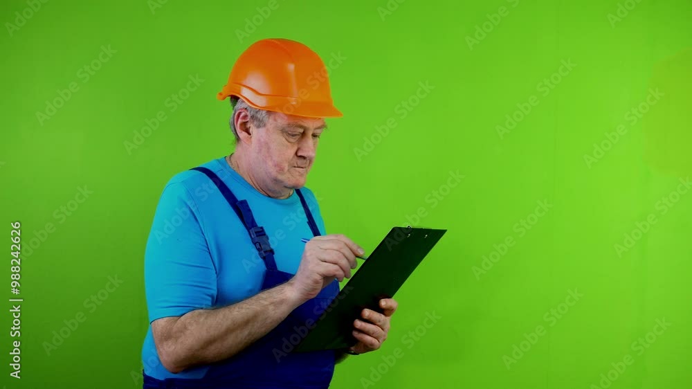 Senior worker in overalls looking around counts materials at construction site and writes on tablet. Senior worker in overalls looking around counts materials at construction site and writes on tablet.