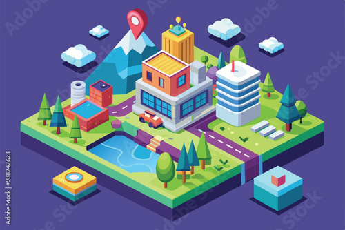 This vibrant illustration showcases a customized isometric urban landscape featuring buildings, trees, and a serene water body.
