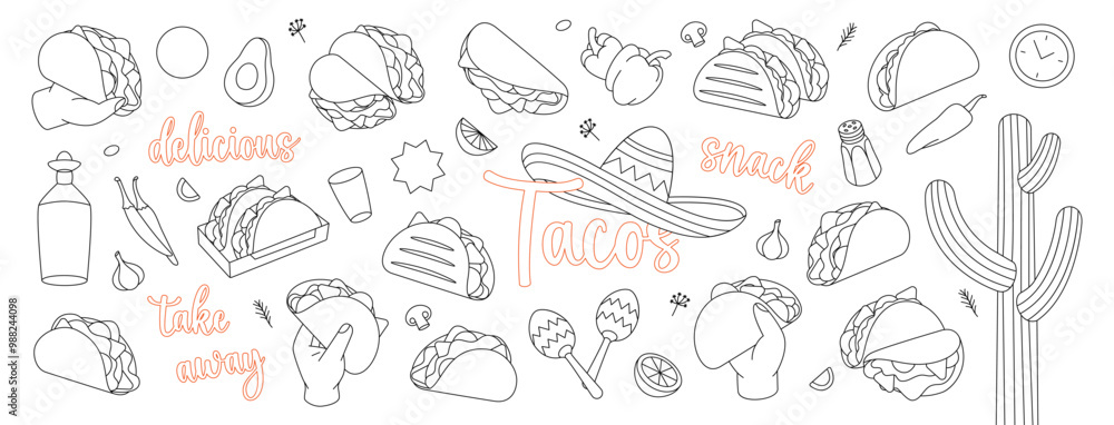 Tacos outline set. Takeaway snack. Tacos with meat, vegetable and tortilla. Traditional Mexican street fast food. Vector illustration Tacos outline set. Takeaway snack. Tacos with meat, vegetable and tortilla. Traditional Mexican street fast food. Vector illustration