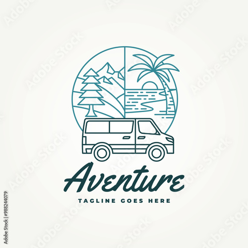 minimalist camper van adventure with a background of beach and mountains line art icon logo vector illustration design. simple modern travel, vacation, recreation logo concept