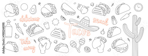 Tacos outline set. Takeaway snack. Tacos with meat, vegetable and tortilla. Traditional Mexican street fast food. Vector illustration