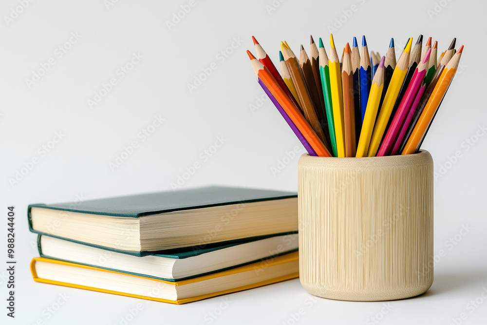 Fototapeta premium There are colored pencils in a wooden holder and three books