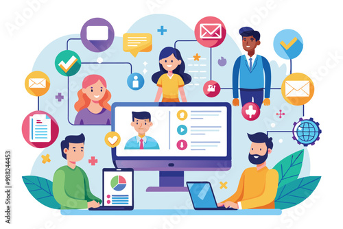 A diverse team collaborates using digital tools for customer relationship management, enhancing communication and workflow in a modern office setup.