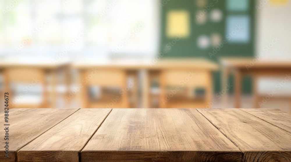 A wooden table surface in a bright classroom setting, perfect for educational materials or creative projects. A wooden table surface in a bright classroom setting, perfect for educational materials or creative projects.