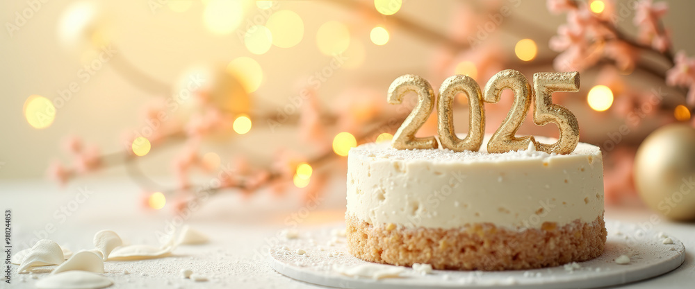 Golden 2025 Cheesecake with Festive Decorations Golden 2025 Cheesecake with Festive Decorations