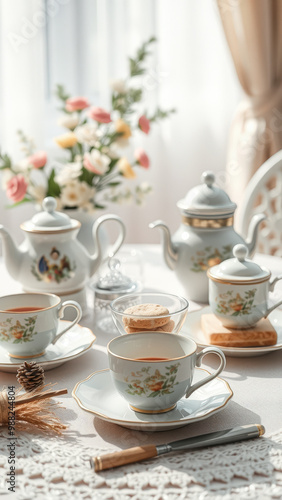 Elegant Afternoon Tea Setup with Porcelain Teacups and Saucers