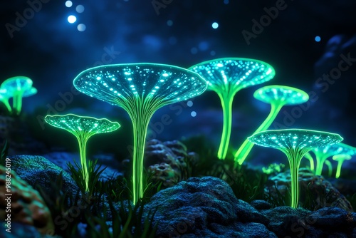 Alien ocean world, where glowing plants and strange sea creatures dominate the underwater environment