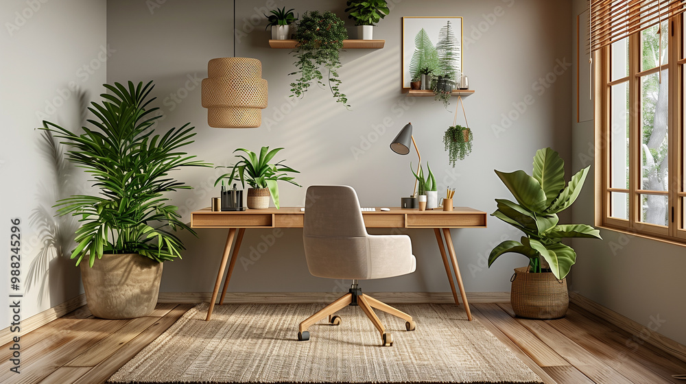 A modern home office featuring stylish wooden desk, comfortable chair, and lush green plants. serene atmosphere is enhanced by natural light streaming through window. A modern home office featuring stylish wooden desk, comfortable chair, and lush green plants. serene atmosphere is enhanced by natural light streaming through window.