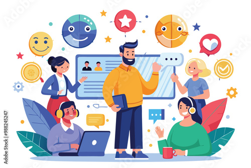 A group of professionals collaborates to enhance customer satisfaction through discussion and brainstorming, using digital tools and visual elements for engagement.