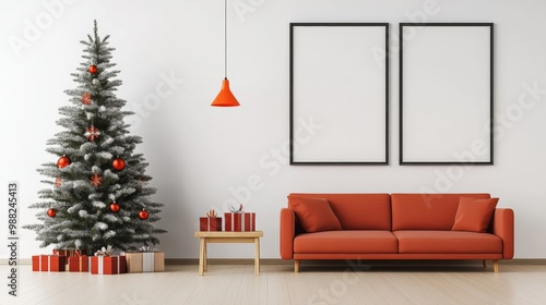 Modern living room with Christmas tree decor 