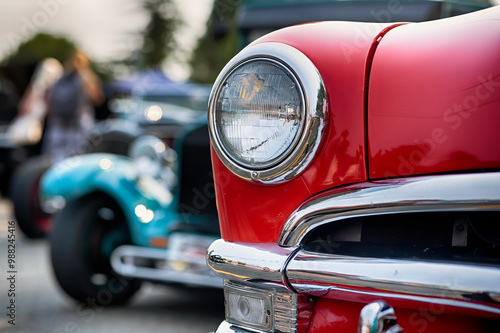 Vintage American cars on display at classic automotive exhibition.