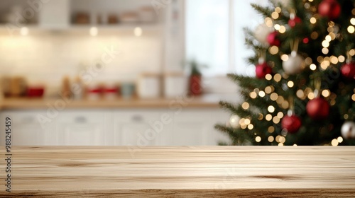 Warm and festive kitchen scene with a wooden table and a beautifully decorated Christmas tree in the background.
