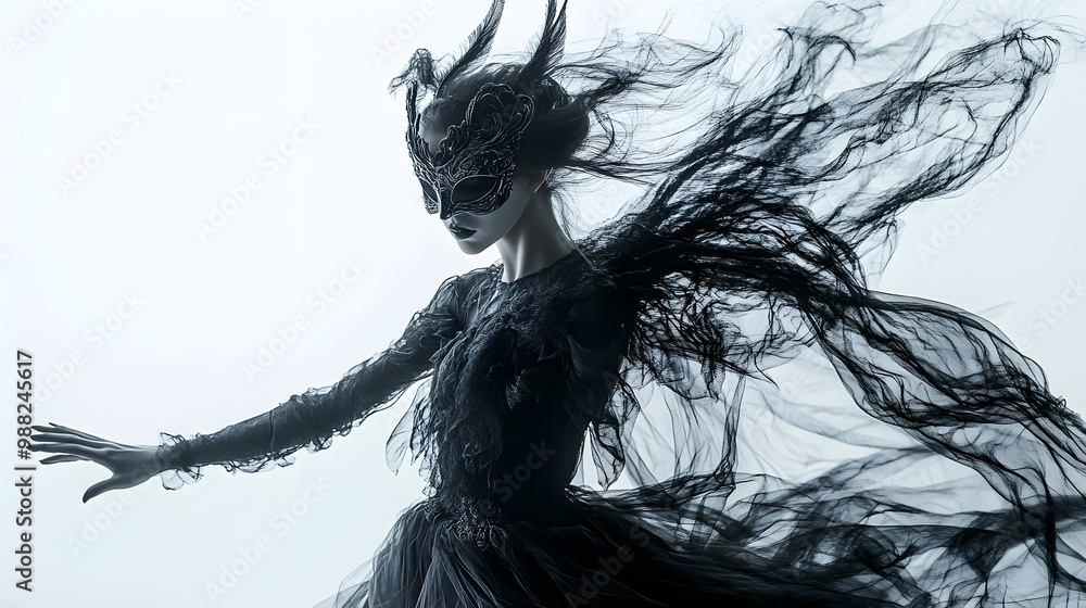 Fototapeta premium Enchanting dark fairy with flowing dress and party masks, dark fantasy theme, high contrast lighting, isolated on white background