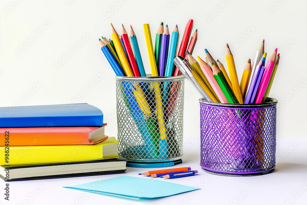 There are pencils in metal holders, books, and a piece of paper There are pencils in metal holders, books, and a piece of paper