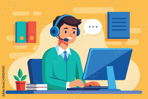 A customer service operator with a headset engages in a consultation at their desk, actively communicating with clients on a computer.
