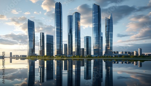 Sleek glass skyscraper reflecting a vibrant cityscape in a serene water mirror beneath the urban skyline.